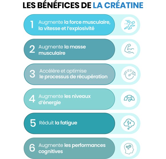 les bénéfices de la créatine : force, vitesse, explosivité, masse musculaire, récupération, énergie, moins de fatigue, performances cognitives et concentration